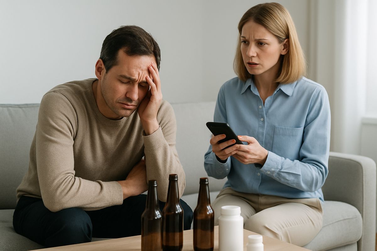 A person looking unwell on a couch with empty pill bottles or alcohol bottles on a coffee table, while a concerned loved one stands nearby holding a phone, suggesting worsening health, anxiety, and the need for urgent help