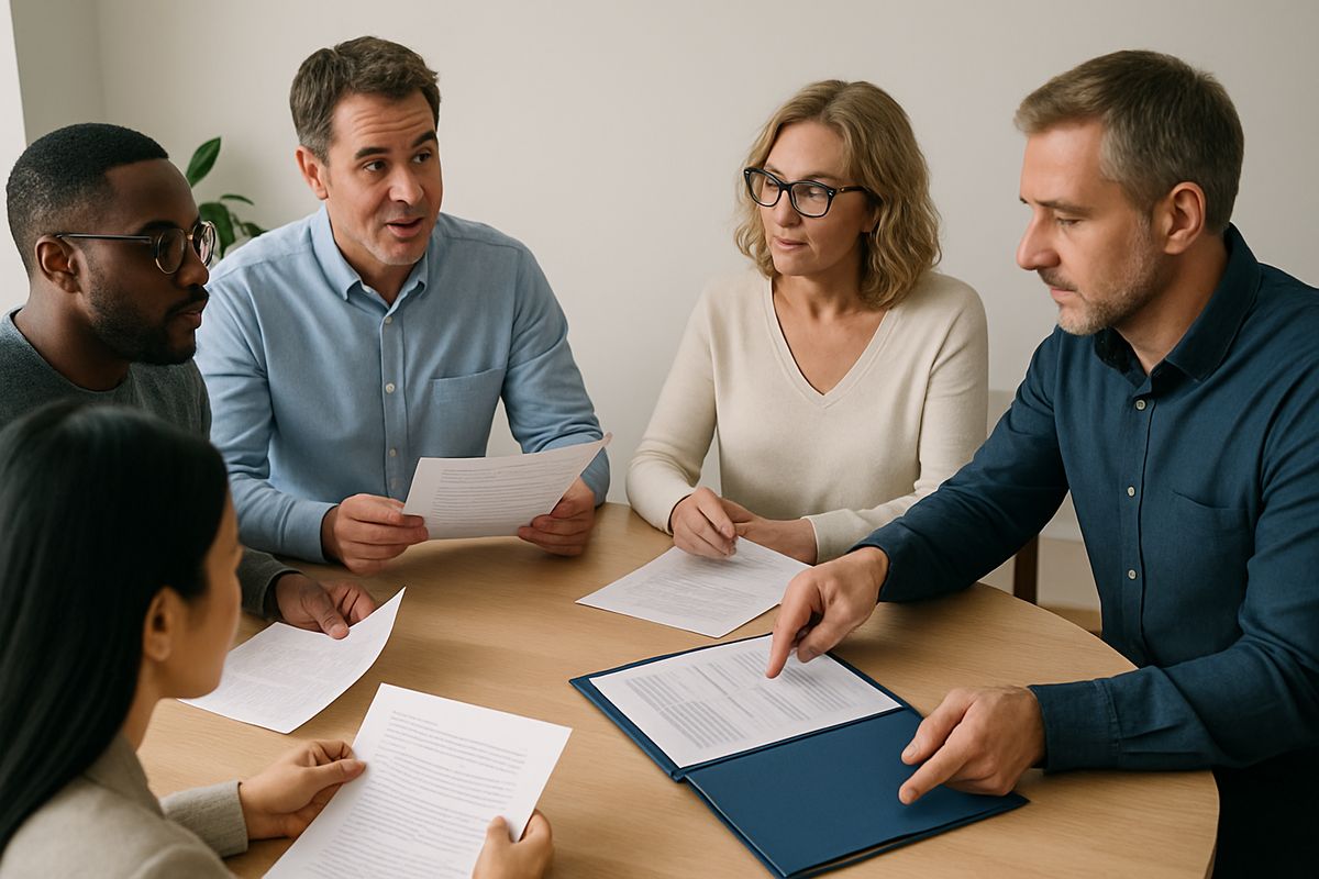 Four to six adults gathered at a dining table with printed notes, rehearsing a conversation while one person leads and another points to a folder of treatment plans