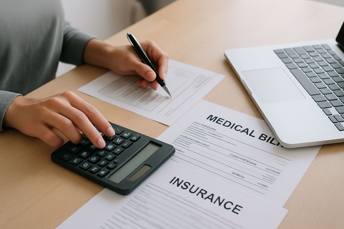 A close view of a person using a calculator beside an explanation of medical bills, insurance forms, and a laptop on a home dining table