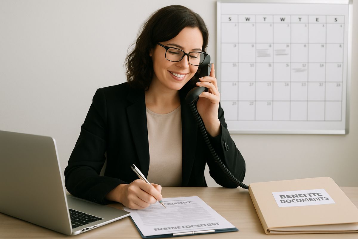 An admissions coordinator at a desk on the phone with an insurance company, surrounded by a laptop, patient intake forms, a folder of benefit documents, and a whiteboard calendar for treatment planning
