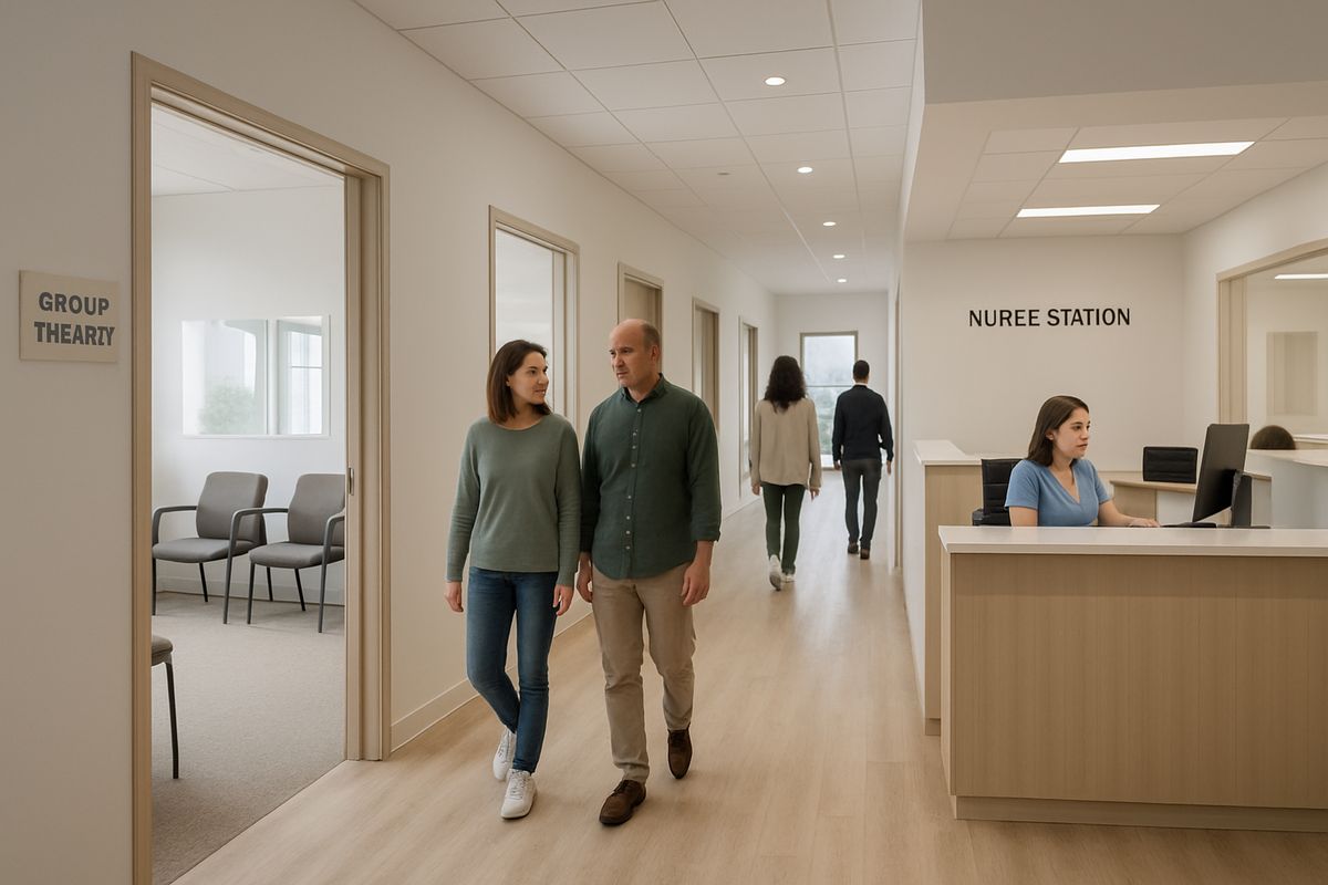 A modern treatment center interior showing a live-in residential hallway, a group therapy room, and several patients walking between scheduled sessions, with a nurse station and a daytime program area nearby