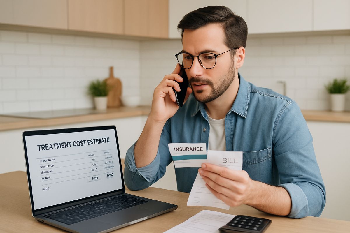 A person at a kitchen table holding an insurance card and a bill while talking on the phone with an admissions coordinator, with a laptop open to a treatment cost estimate and a calculator beside it