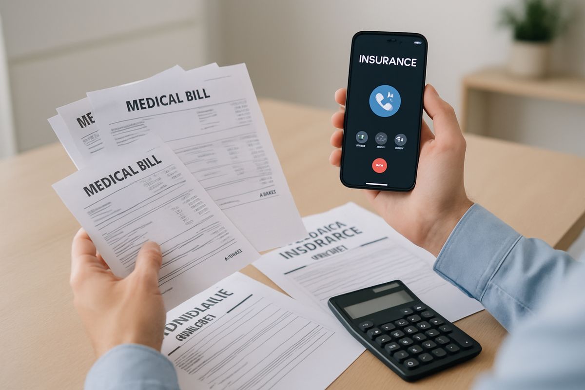 A person at a desk talking with an insurance representative on speakerphone while reviewing a stack of medical bills, a benefits form, and a calculator