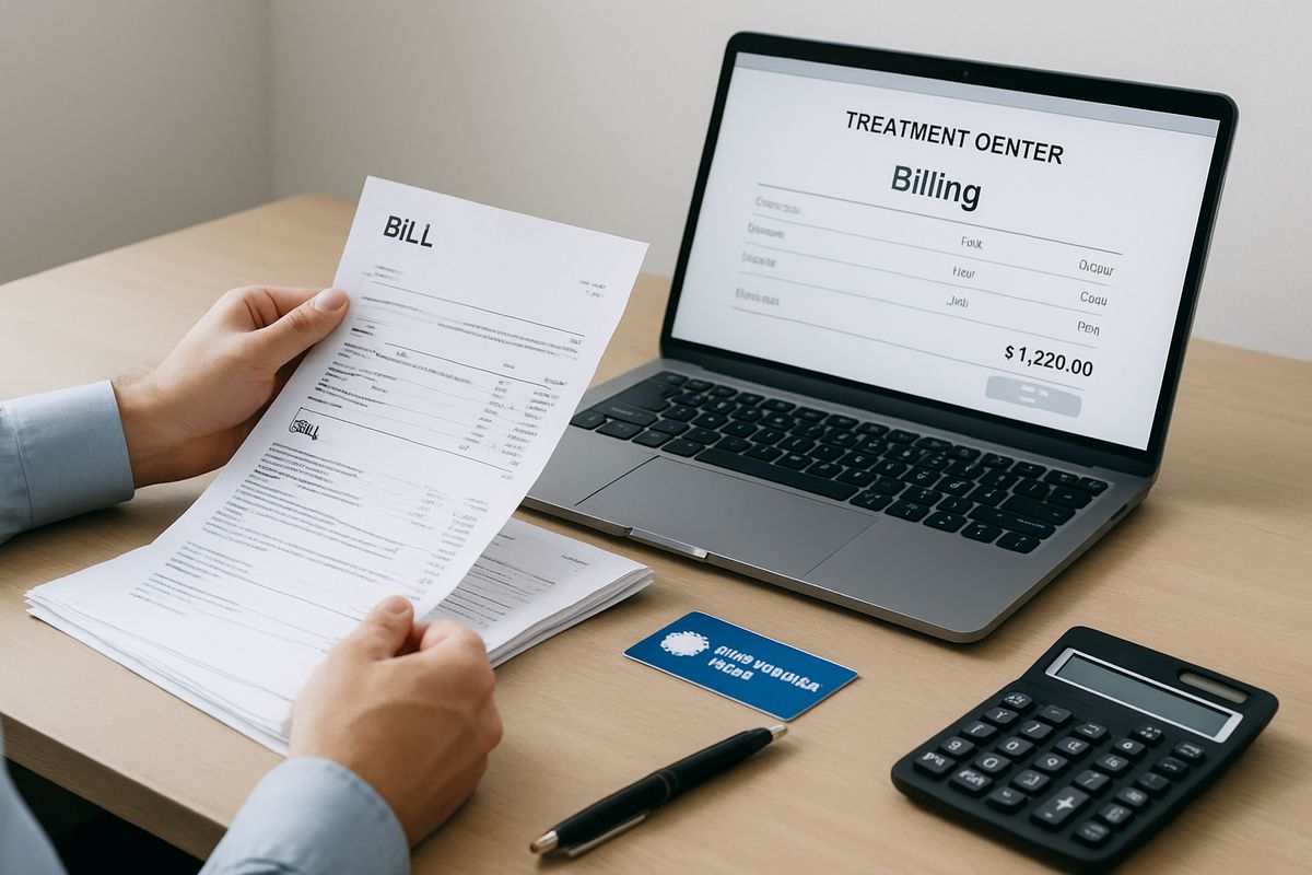 A person at a desk reviewing a stack of bills, an insurance card, and a laptop open to a treatment center billing page, with a calculator and pen beside them