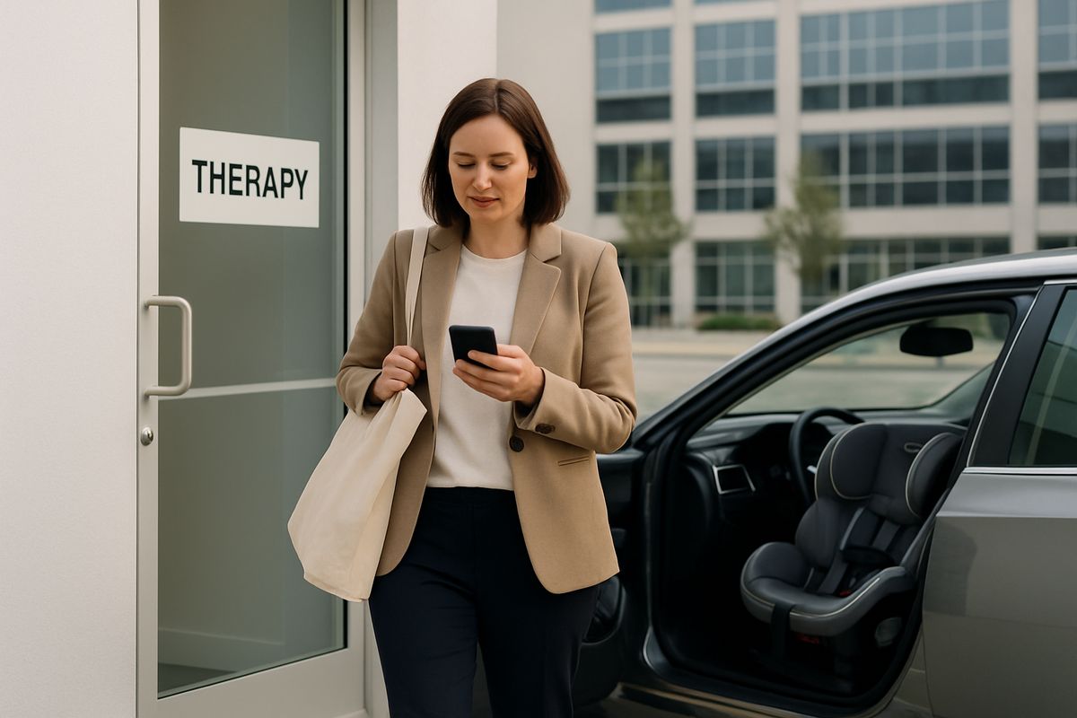 A parent leaving a therapy office with a tote bag while glancing at a phone, with a child seat in a parked car and a busy office building visible in the background