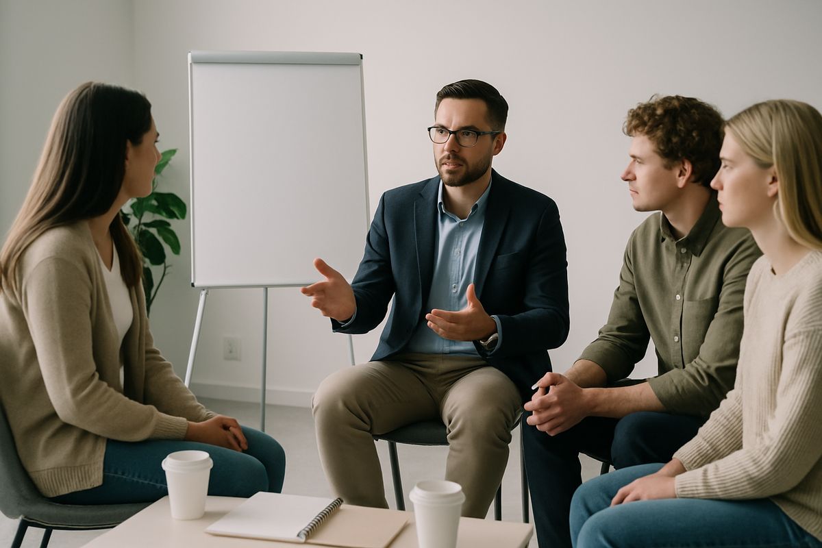 A small group therapy session in a treatment center, with several patients seated in a circle while a counselor leads discussion and a whiteboard, coffee cups, and notebooks nearby