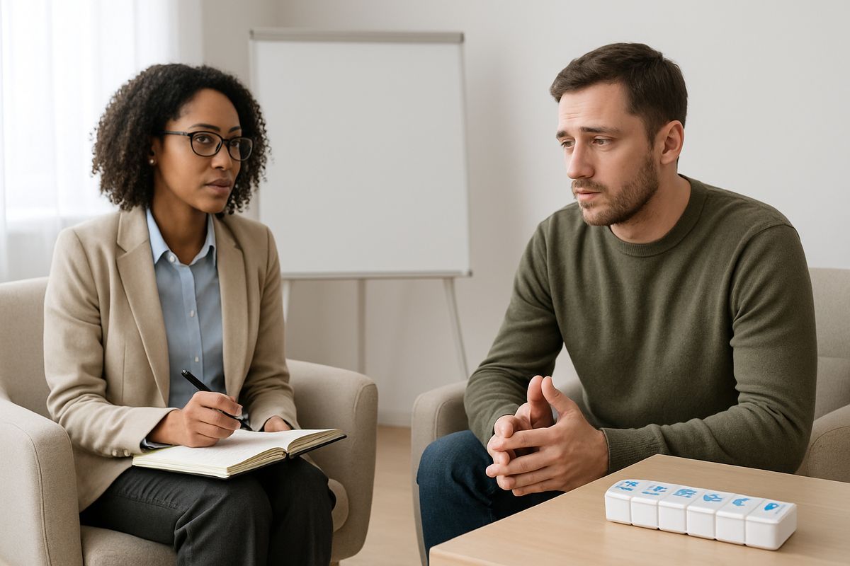 A therapist and patient sitting in a bright counseling room with comfortable chairs, a whiteboard, and a notebook, discussing treatment while a medication organizer sits on a nearby desk.