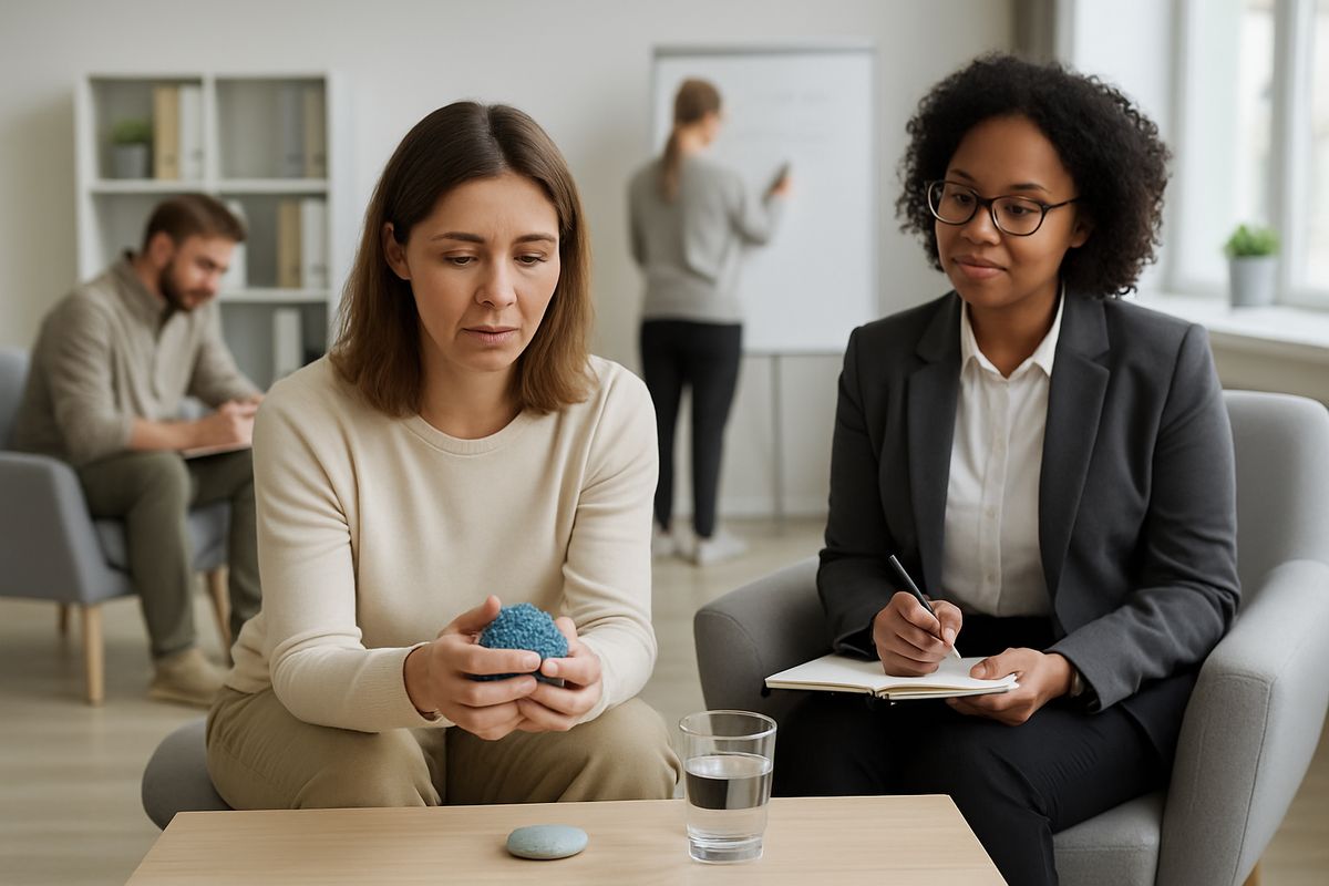A patient practicing coping skills in a therapy room with a counselor, using a notebook and calming tools like a glass of water, while other residents work on recovery exercises nearby