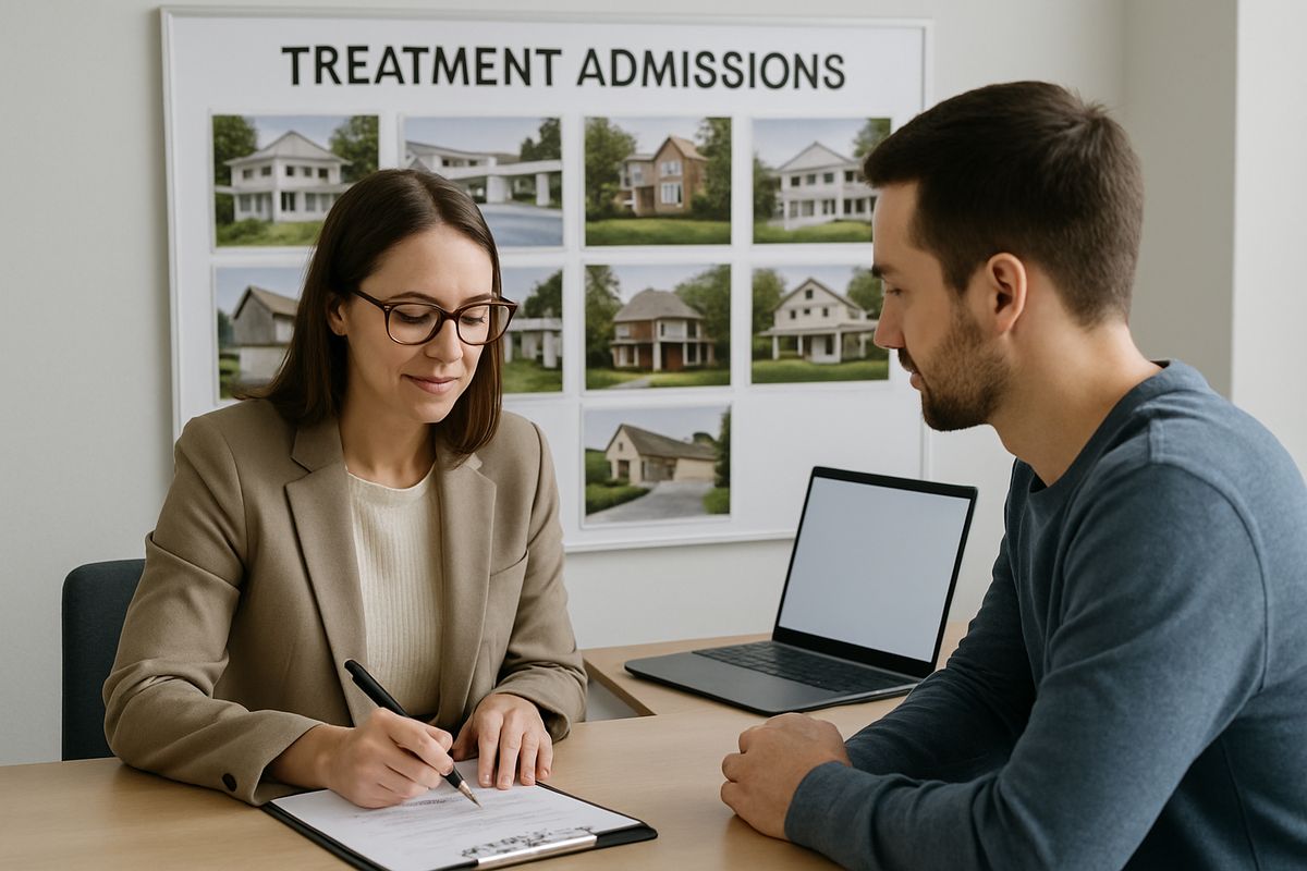 A treatment admissions office where a clinician and patient review a care plan at a desk, with a residential facility photo board and a laptop open beside them