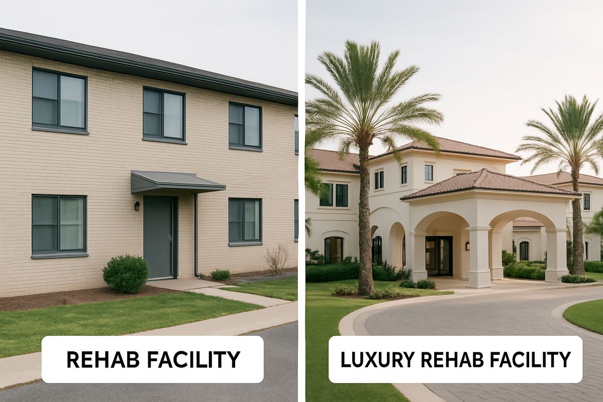 Two rehab facilities shown in contrast, one a simple residential building with shared dorm-style windows and basic landscaping, the other a luxury campus with private suites, palm trees, and a resort-like entrance