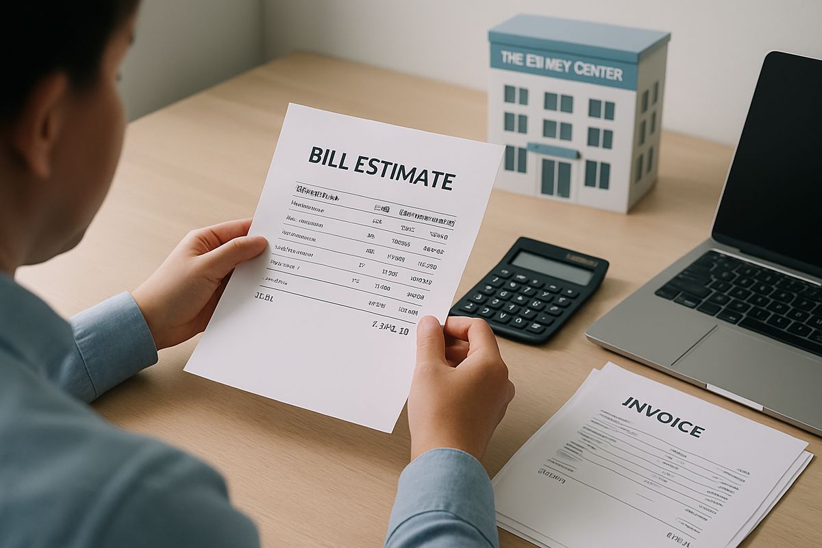 A family member reviewing a printed bill estimate and calculator beside a laptop, with a treatment center building and a stack of hospital-style invoices nearby