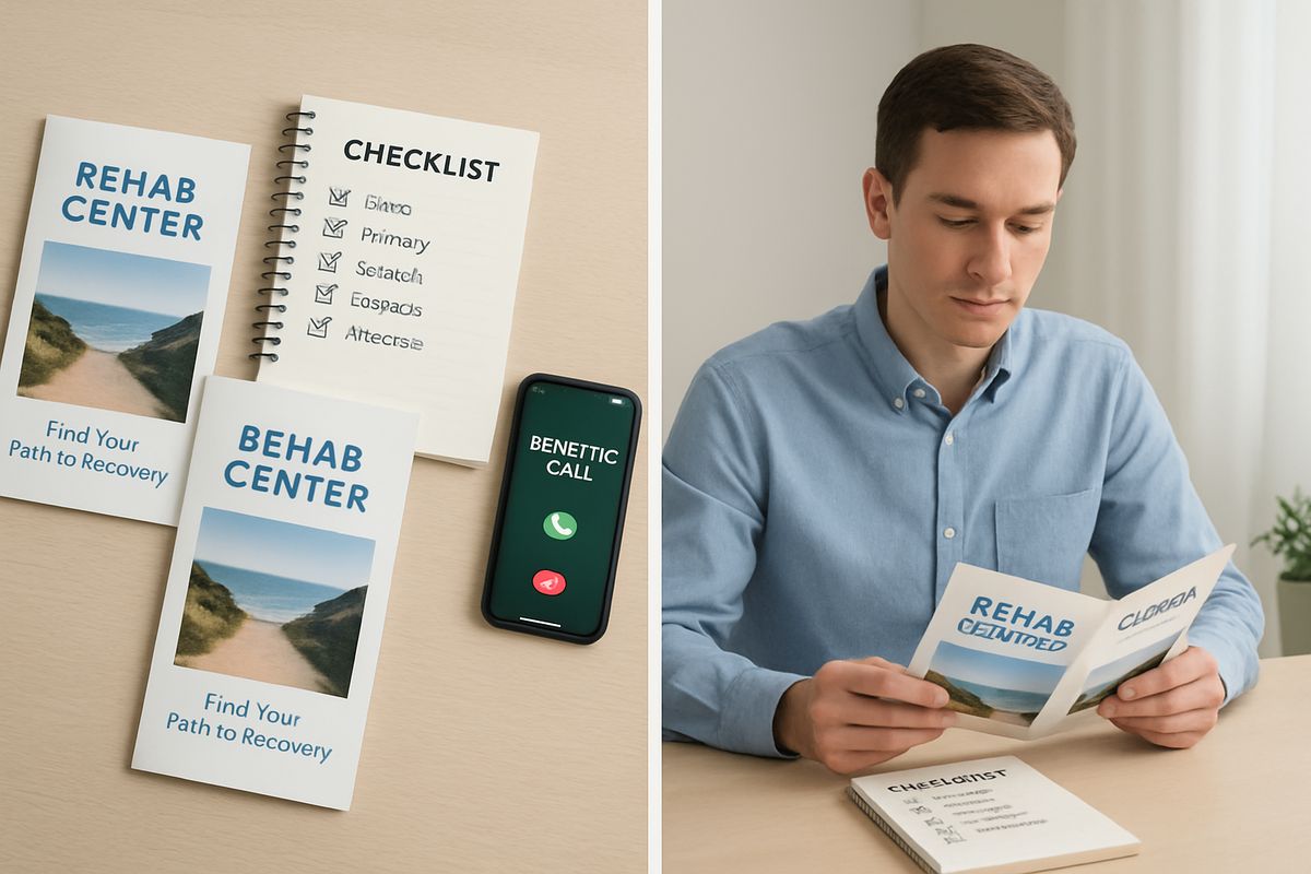 A side-by-side comparison scene showing two rehab brochures, a notebook checklist, a phone with a benefits call in progress, and a person reviewing options at a desk with a calm, focused expression