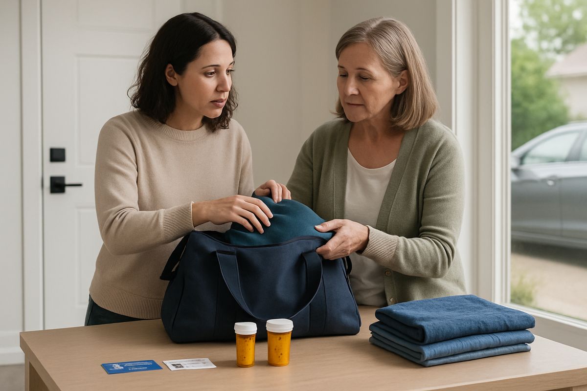 A sober family member helping a loved one pack a small overnight bag beside a front door, with an ID card, insurance card, medication bottles, and folded clothes laid out on a table, while a car waits in the driveway