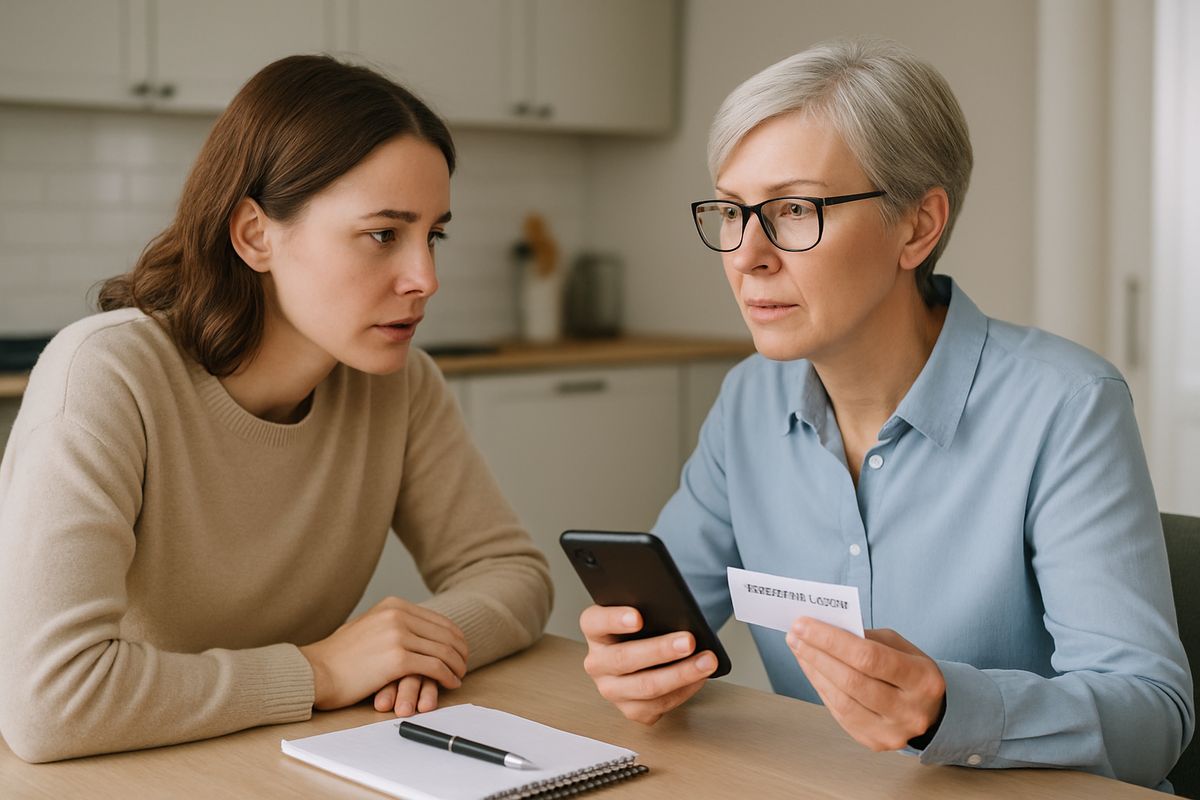 A calm conversation at a kitchen table where one person leans forward with concern while another holds a phone and insurance card, with a notepad and pen ready for gathering treatment information