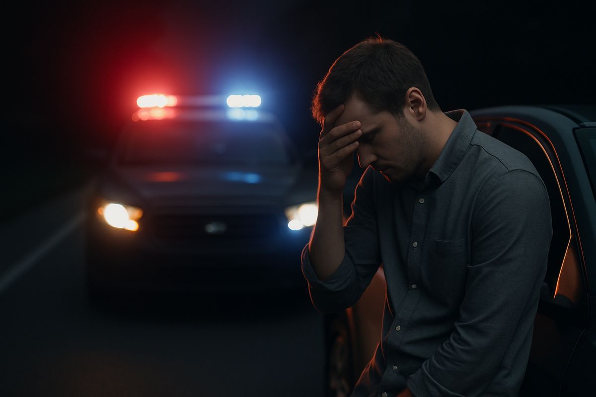 A car pulled over at night with flashing police lights in the background, while a distressed person stands beside the vehicle with a slumped posture, capturing the aftermath of a DUI, arrest, or other serious consequence