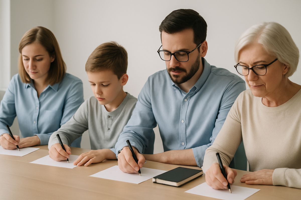 Several family members sitting separately at a table and writing short statements on paper, with pens, a notebook, and a phone nearby in a quiet room