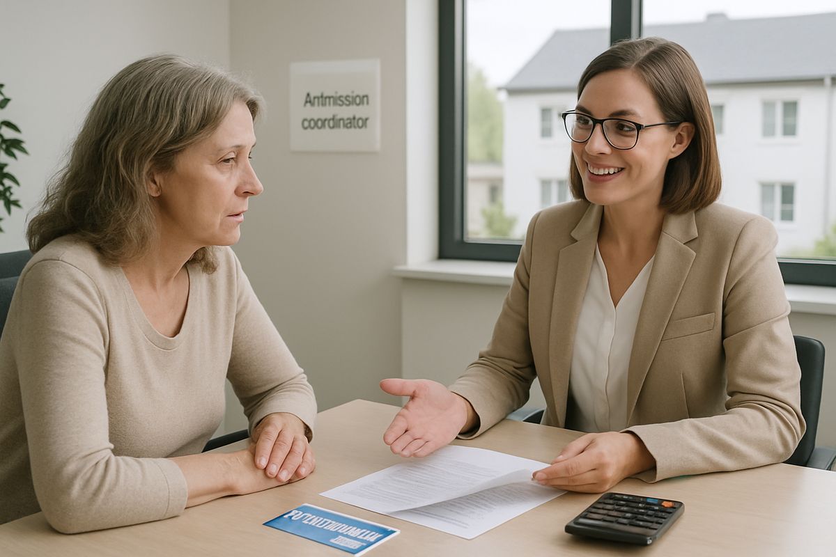 A family member speaking with an admissions coordinator across a desk while papers, a calculator, and a health insurance card are spread out in front of them, with a calm office setting and a residential rehab building visible through the window