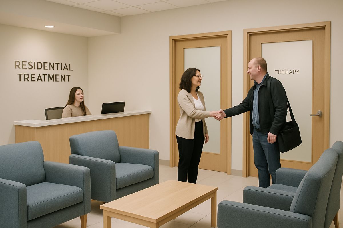 A calm residential treatment facility lobby with a receptionist desk, comfortable chairs, framed therapy-room doors, and a staff member greeting a visitor