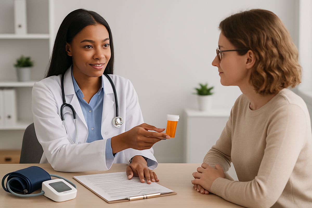 A clinician in a medical office handing medication to a patient at a desk, with a prescription bottle, a blood pressure cuff, and a chart on the table while the patient listens attentively