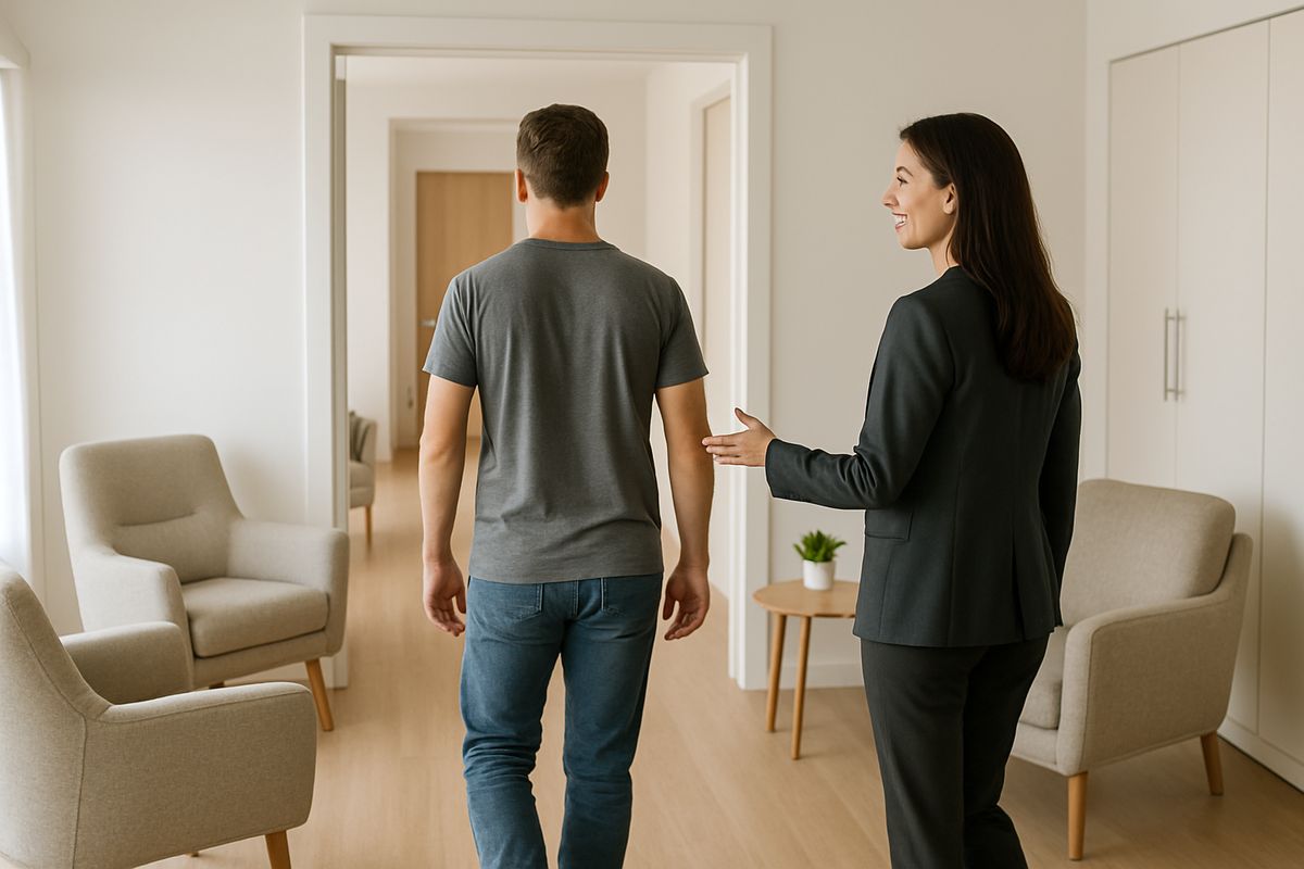 A patient walking from a detox unit into a structured residential treatment setting with a counselor nearby, showing a bright common area with comfortable chairs, a doorway to private rooms, and a sense of organized next-step care