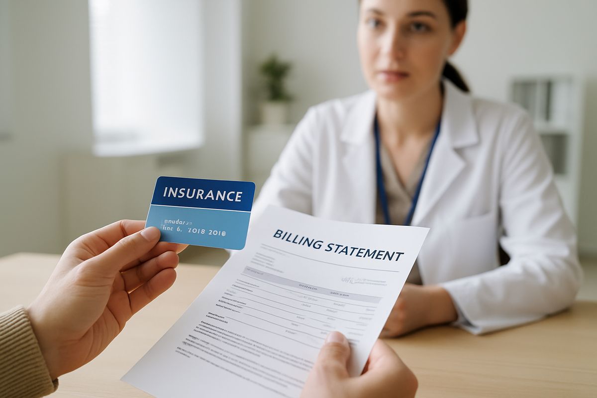 A close-up scene of a family member holding an insurance card and a stack of billing papers while speaking with an admissions coordinator across a desk in a clinic office.