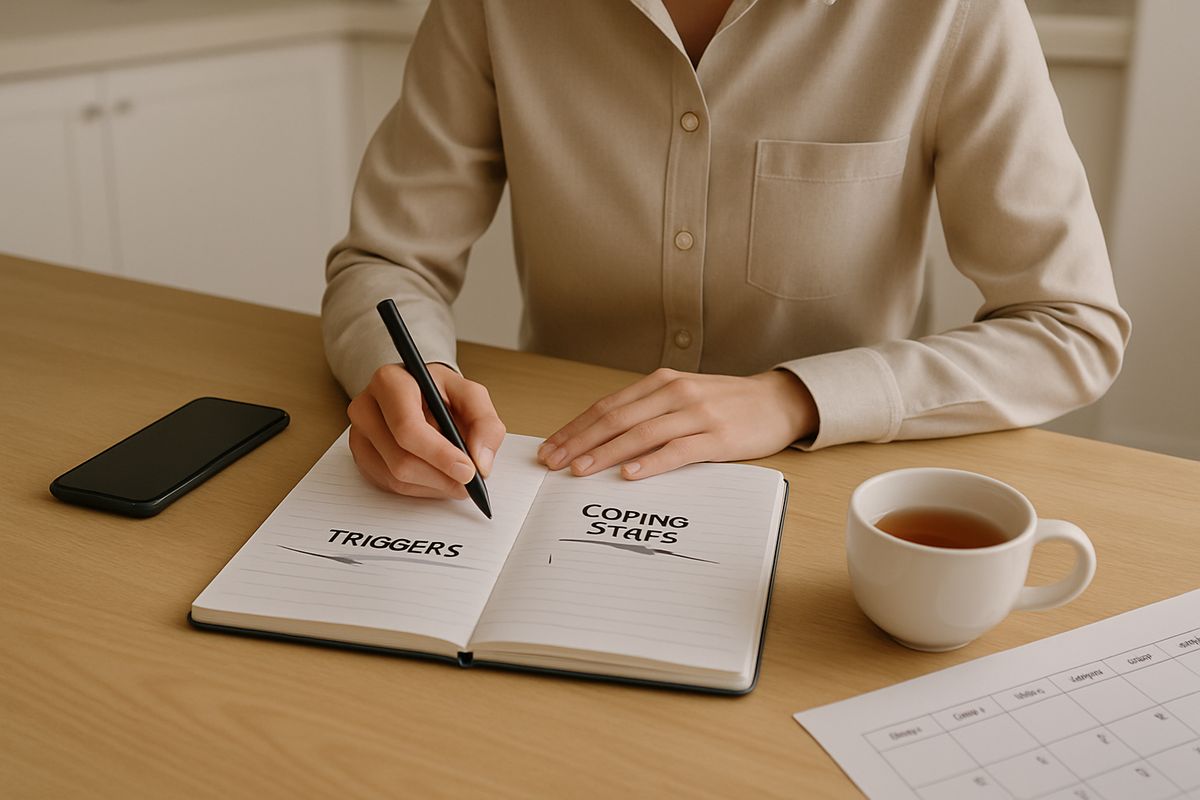 A person at a kitchen table writing triggers and coping steps in a notebook, with a phone, a cup of tea, and a printed calendar spread out nearby