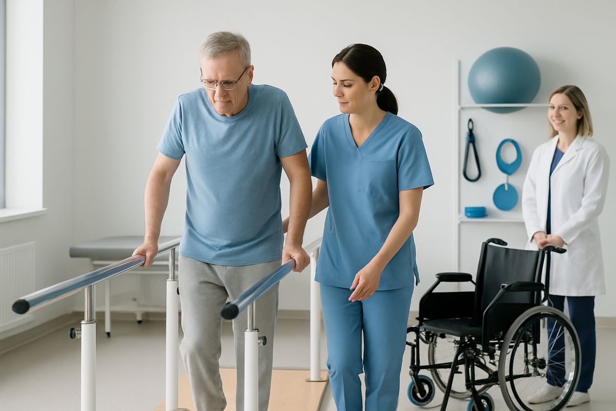 A hospital rehabilitation unit with a patient using parallel bars while a physical therapist walks beside them, and another staff member nearby with a wheelchair and therapy equipment in a bright clinical room