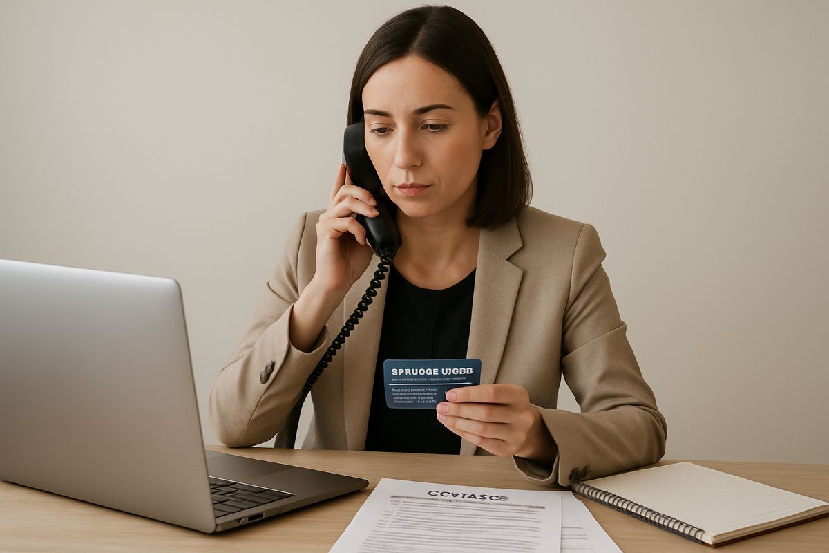 A rehab admissions counselor on the phone beside a computer, with an insurance card, notebook, and printed coverage documents spread across a desk