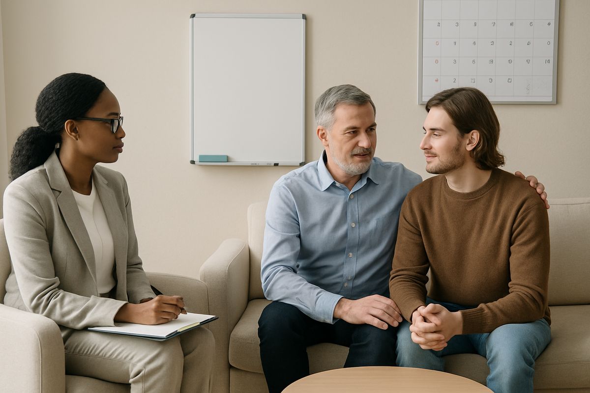 A family participating in a counseling session with a therapist in a comfortable room, while a whiteboard and a wall calendar sit nearby and a parent and adult child talk with calmer body language after the session