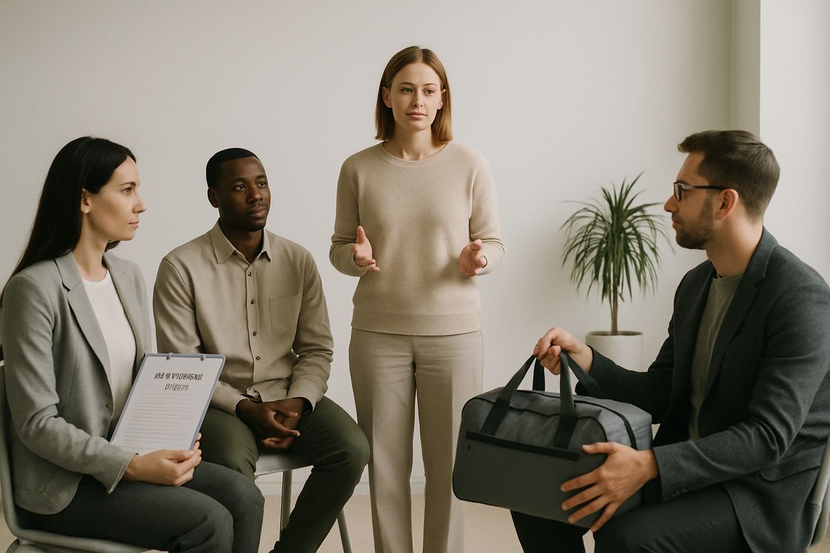 A calm, private meeting in a neutral room where one person speaks while others sit in a semicircle, one holding a folder with treatment information and another preparing to hand over a packed bag