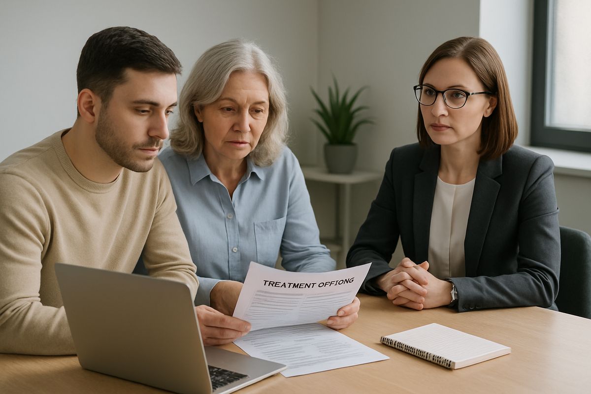 A person and a family member reviewing treatment options together at a table with a laptop, printed medical forms, and a notebook, with a sober-looking consultation room and a counselor seated across from them