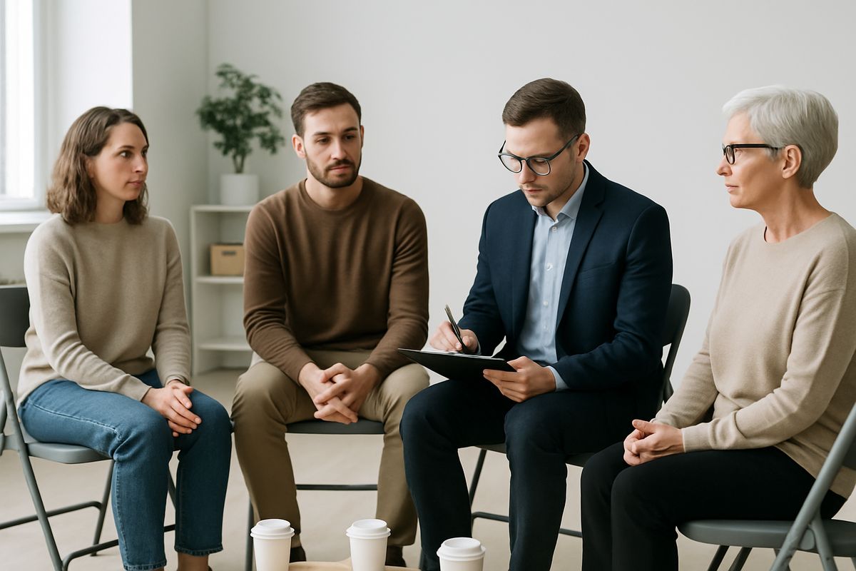 A small group meeting in a community room with several people seated in a circle, a counselor taking notes, and coffee cups and folding chairs arranged around them