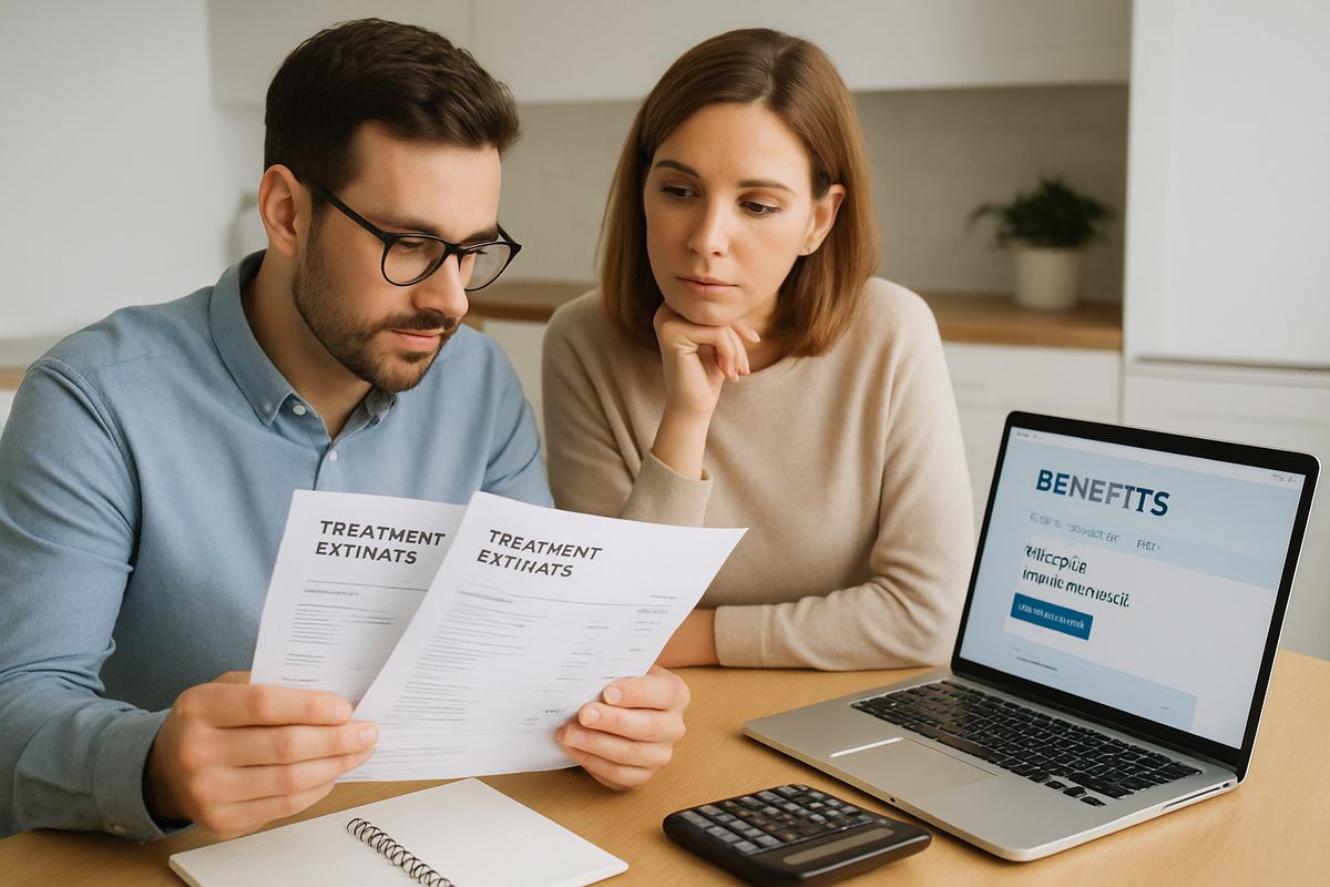 A person at a kitchen table comparing three printed treatment estimates, a calculator, a notebook, and a laptop open to a benefits portal, while another family member looks on thoughtfully